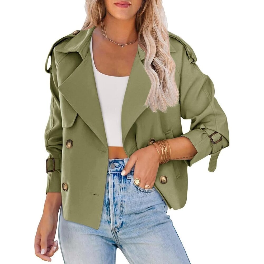 🆕Women’s Army Green Saodimallsu Cropped Trench Jacket with Pockets